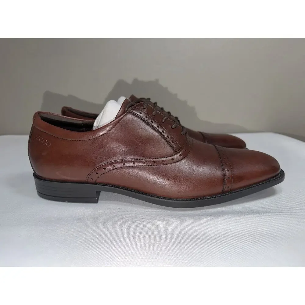 NWOT Ecco Men’s 8.5 Brown Leather Cap Toe Semi Brogue Oxford Lace Up Dress Shoes